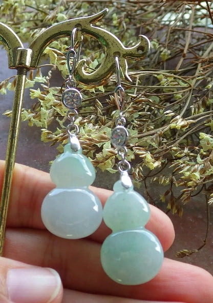Certified Icy Green Sterling Silver 0.925 Natural A Jade jadeite Gourd Earrings Earring Dangle 耳环 524317  TN