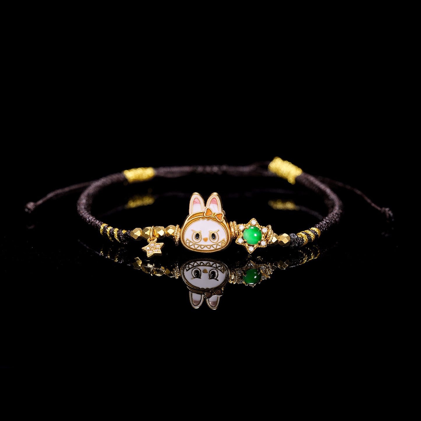 S925 Silver labubu with Natural jade hand woven rope（Adjustable length）