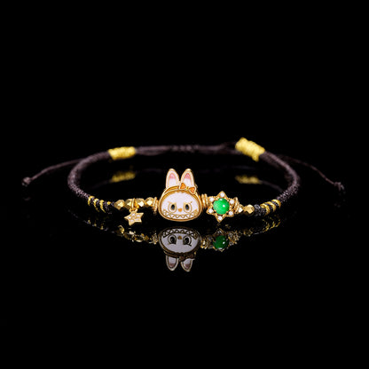 S925 Silver labubu with Natural jade hand woven rope（Adjustable length）