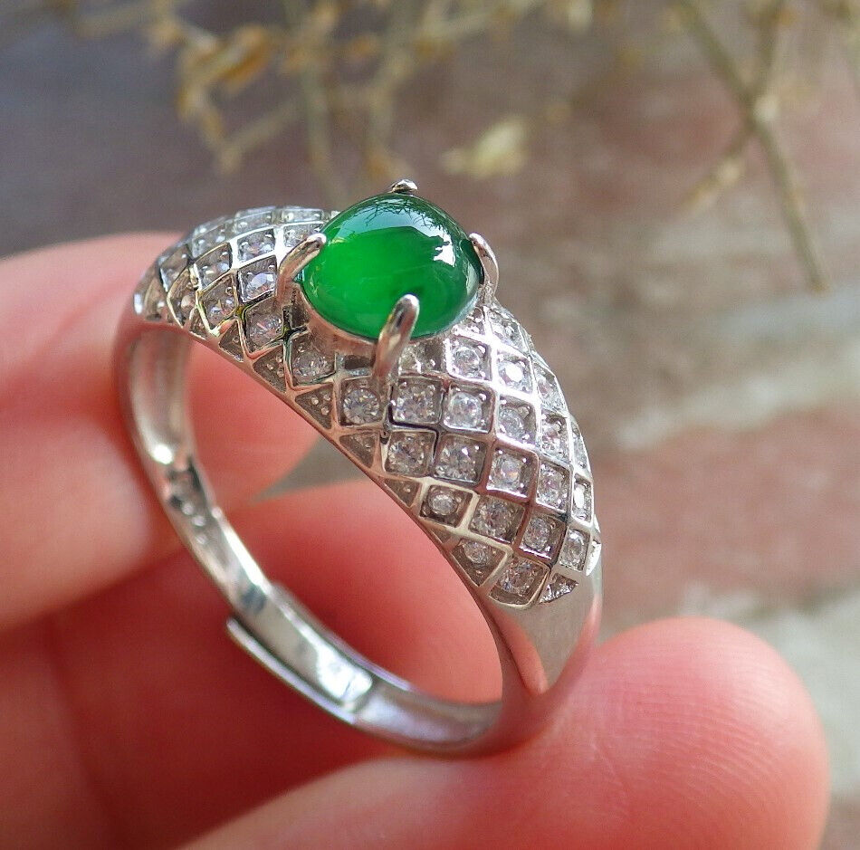 Certified Icy Green silver 0.925 Burma 100% Natural A JADE Jadeite Cabochon RING USA 10.75 戒指 645789 TN