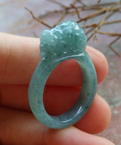 Certified Icy Green 100% Natural A JADE Jadeite Dragon Pi Xiu RING USA. 7.25 风水貔貅戒指 530069  TN