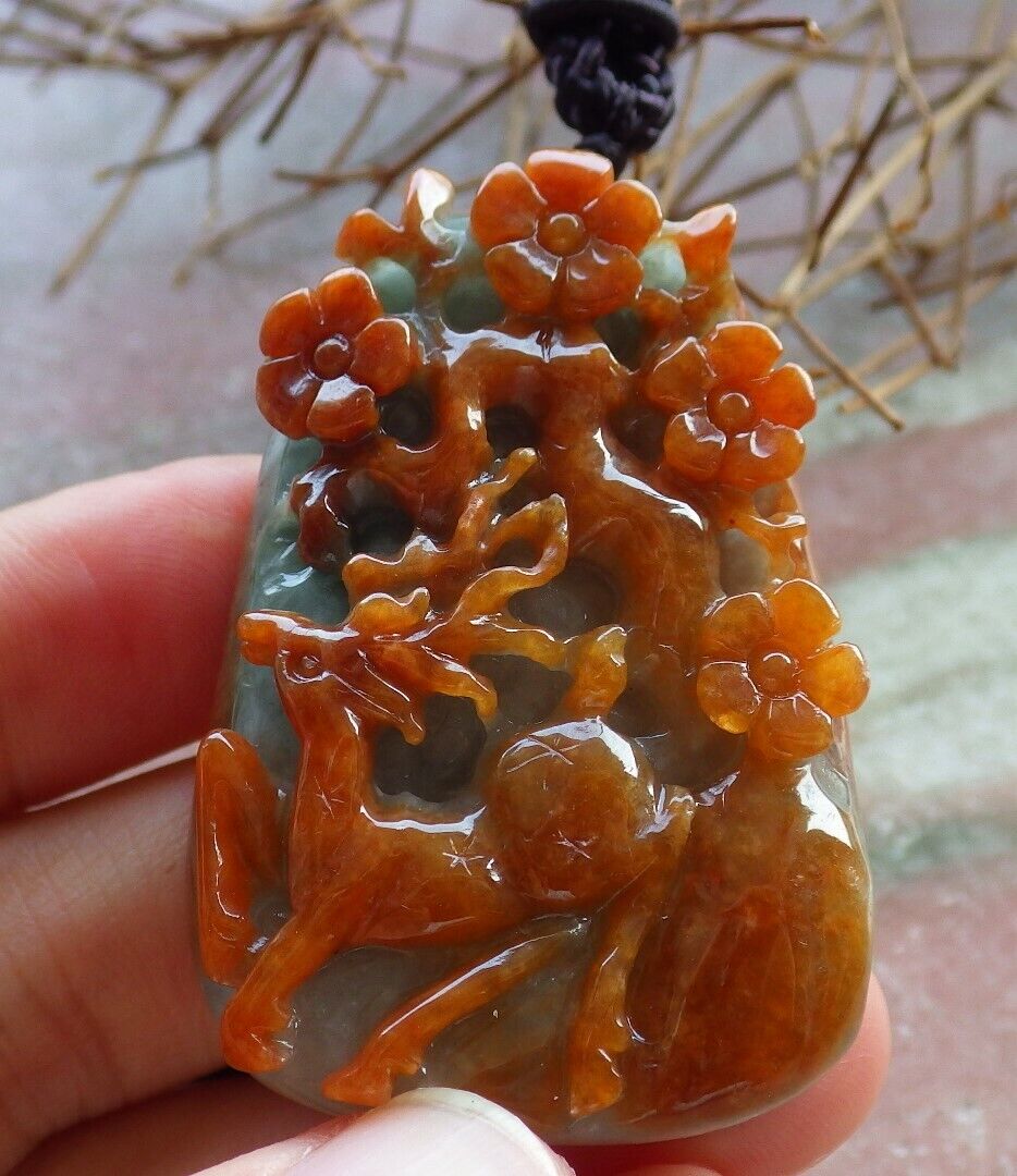 Certified Red Green 100% Natural A Jade jadeite Pendant Deer Flower Necklace 梅花鹿 529224  TN
