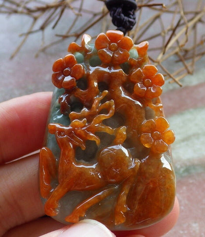 Certified Red Green 100% Natural A Jade jadeite Pendant Deer Flower Necklace 梅花鹿 529224  TN