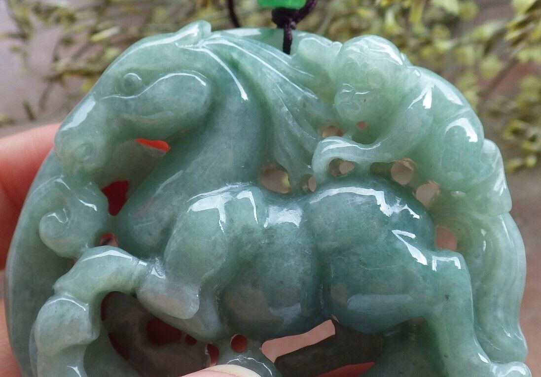 Certified Green Burma 100% Natural A Jade jadeite Pendant Horse Monkey Lotus Flower Necklace 573750 TN