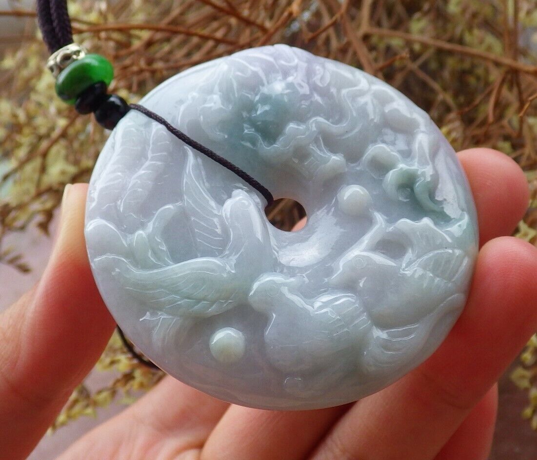 Certified Green Pale Lavender 100% Natural A Jade jadeite pendant Mandarin Duck Dragon Phoenix 5 Bat Necklace 龙凤524984   TN