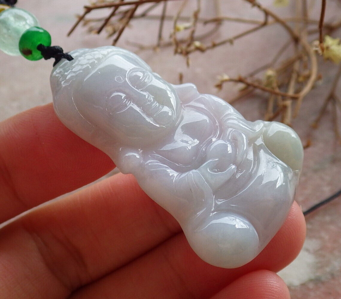 Certified Green Pale Lasvender Burma 100% Natural A Jade jadeite Pendant Sakyamuni Buddha God Necklace 释迦牟尼佛 635373  TN