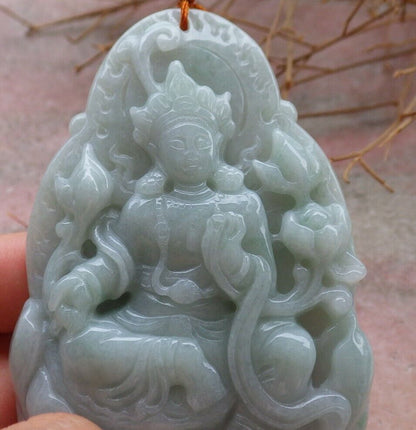 Certified Green 100% Natural A Jade jadeite pendant Guanyin Kwan Yin Lotus Flower Necklace 观音 519924  TN