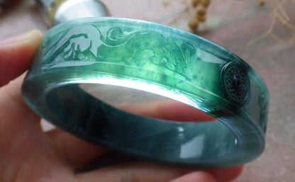 Certified Icy Green Burma 100% Natural A JADE Jadeite Dragon Phoenix Bangle Bracelet 58 mm 手镯 636336  TN