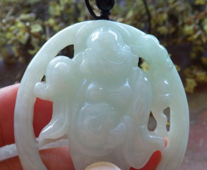 Certified Green 100% Natural A Jade jadeite pendant Happy Buddha God Ruyi Necklace 开心佛 523984  TN