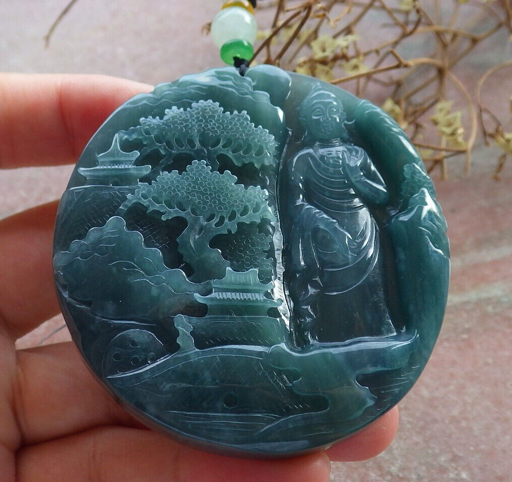 Atestita Glacia Verda Birmo 100% Natura A Jadejadeito pendanta Pejzaĝa pentraĵo Guanyin Kwan Yin Arba Koliero 山水画 634091 TN