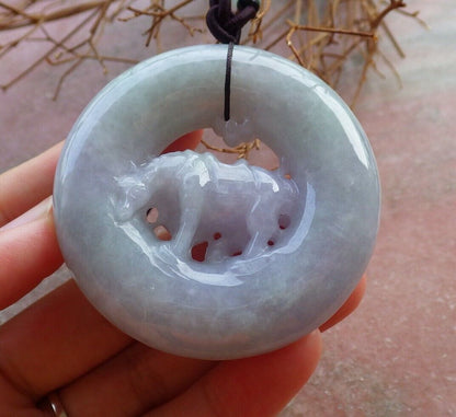 Certified Lavender Green 100% Natural A Jade jadeite pendant Cow Ox Circle Necklace 风水牛 526223  TN