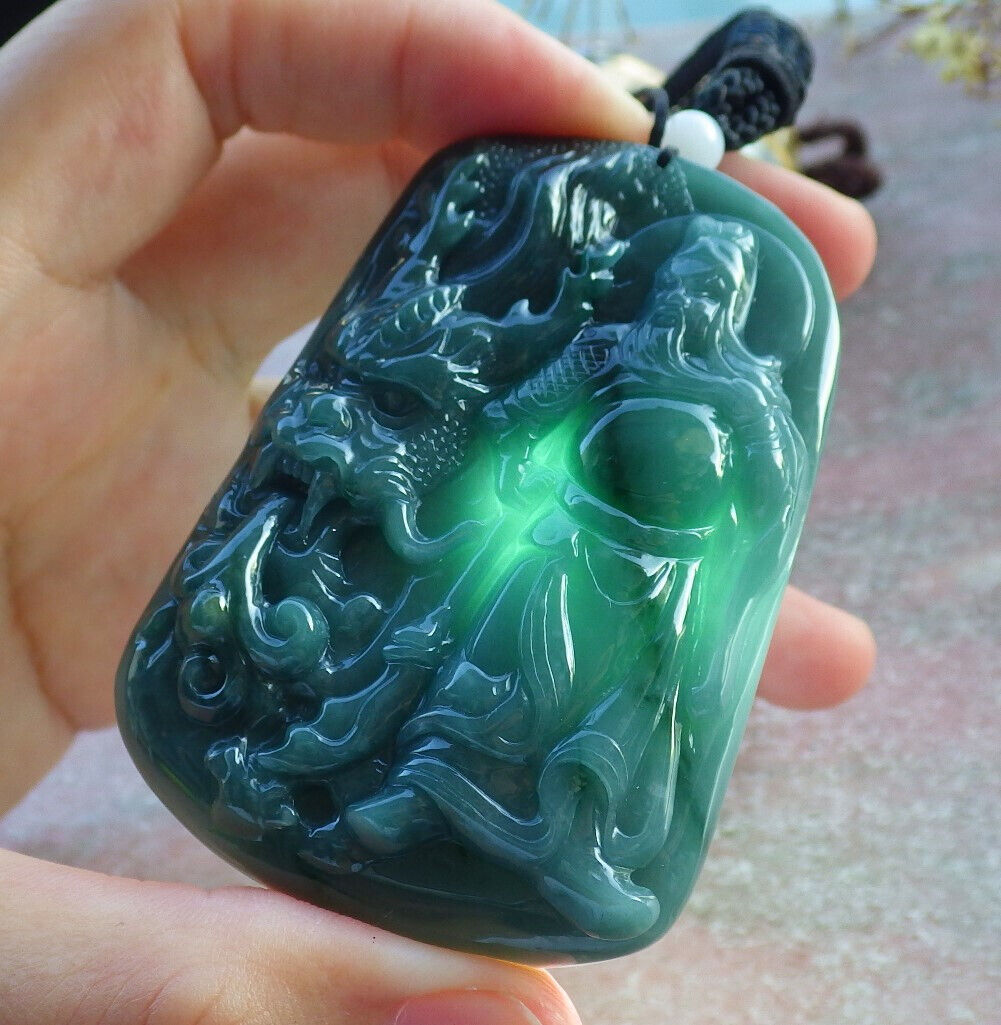 Certified Yellow Green Burma 100% Natural A Jade jadeite pendant Guan Gong God Dragon Sword Necklace 关公 635607  TN