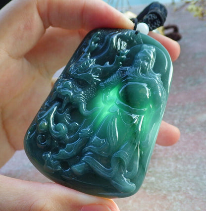 Certified Yellow Green Burma 100% Natural A Jade jadeite pendant Guan Gong God Dragon Sword Necklace 关公 635607  TN