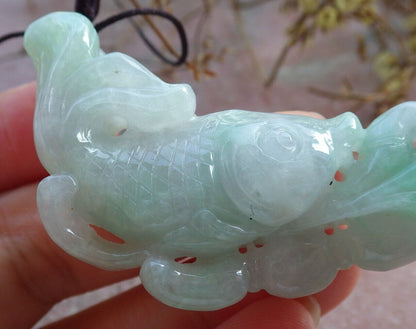 Certified Green Pale Lavender Burma 100% Natural A Jade jadeite Pendant Fish Lotus Necklace 年年有余 633059  TN