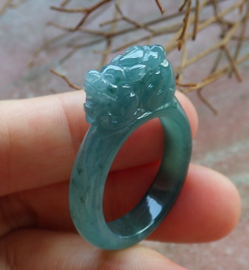 Certified Icy Green 100% Natural A JADE Jadeite Dragon Pi Xiu RING USA. 9.25 风水貔貅戒指 530032  TN