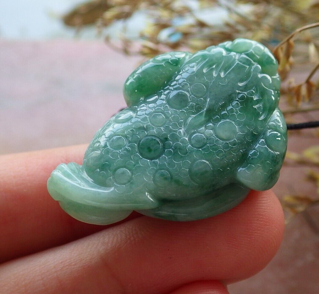 Certified Green Burma 100% Natural A Jade jadeite Pendant Frog Toad Money Coin Necklace 招财蟾 574770 TN