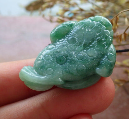Certified Green Burma 100% Natural A Jade jadeite Pendant Frog Toad Money Coin Necklace 招财蟾 574770 TN