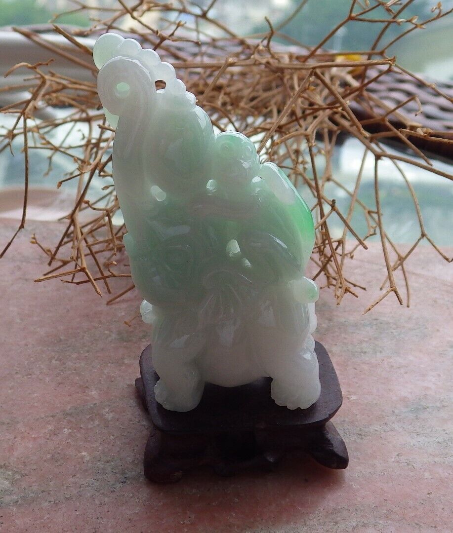 Certified Green 100% Natural A Jade jadeite Display Elephant Monkey Lotus Flower Ruyi Necklace 封侯拜相 521119 *TN* Include woodstand