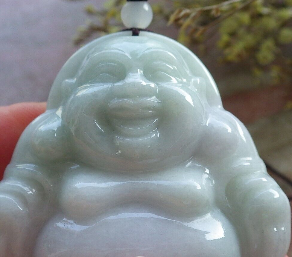 Certified Green Pale Lavender Burma 100% Natural A Jade jadeite pendant Happy Buddha God Necklace 开心佛 574390 TN