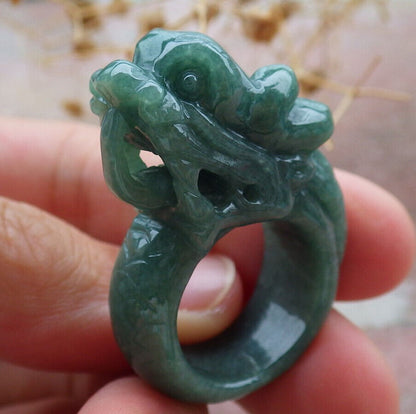 Certified Green Burma 100% Natural A JADE Jadeite Dragon RING USA. 6.5 龙戒指 636824  TN