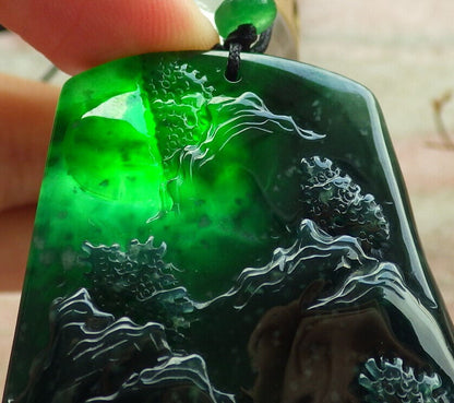 Certified Icy Blue Water Burma 100% Natural A Jade jadeite Pendant Landscape painting Tree Necklace 山水画 633943  TN