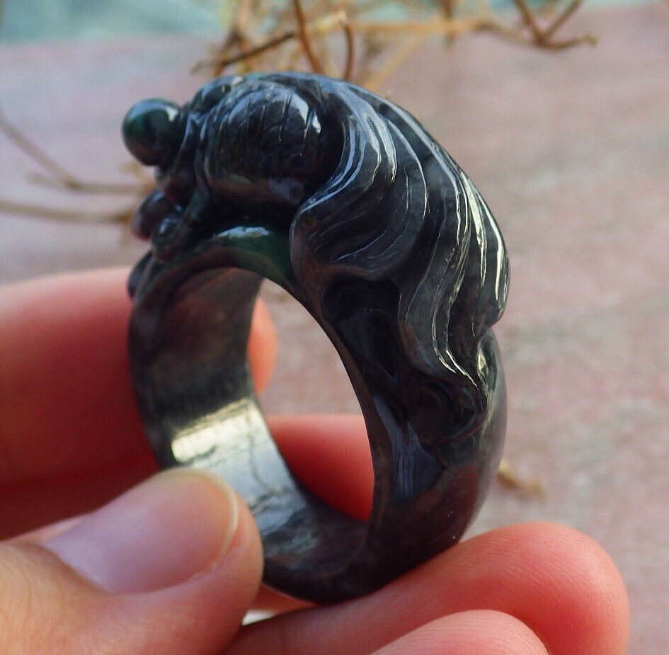 Certified Black Green Burma 100% Natural A JADE Jadeite Gold Fish RING USA. 12.5 戒指 634303  TN