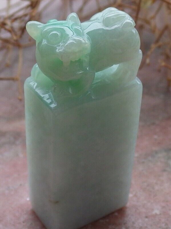 Certified Green 100% Natural A Jade jadeite Display Dragon Pi Xiu Chop Seal 印章 520008  TN