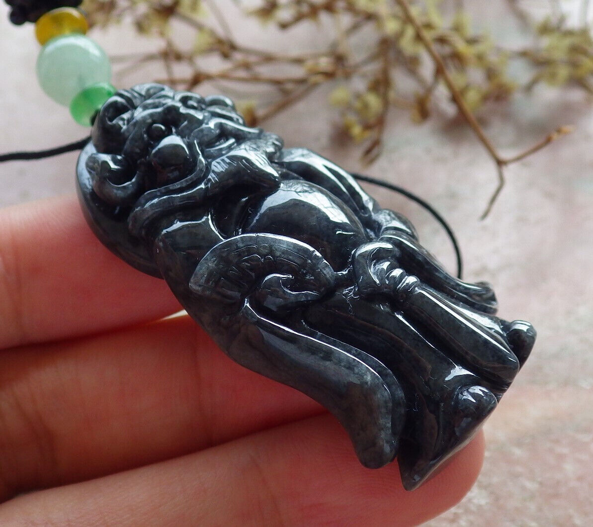 Certified Black Burma 100% Natural A Jade jadeite pendant Zhong Kui God Sword Fan Necklace 钟馗 633430  TN