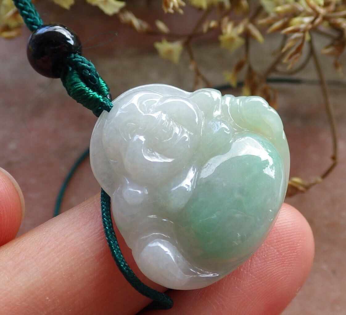 Certified Icy Green 100% Natural A Jade jadeite pendant Happy Buddha God Necklace 开心佛 524358  TN