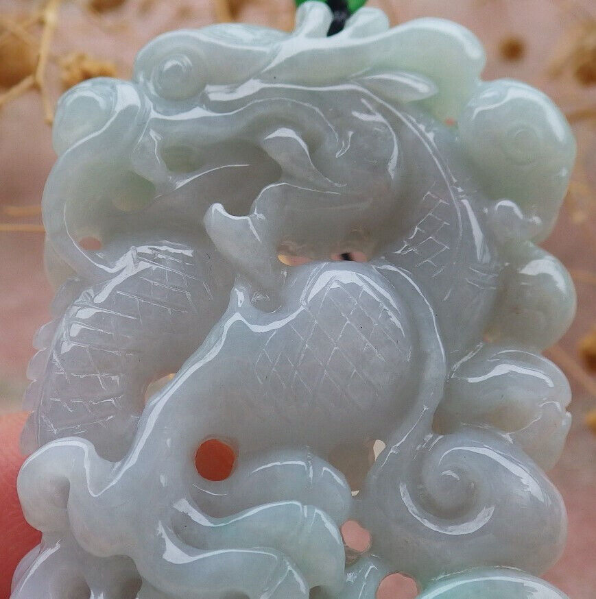 Certified Green Burma 100% Natural A Jade jadeite Pendant Dragon Ruyi Necklace 生意兴隆 636707  TN