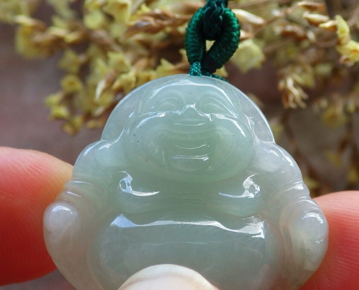 Certified Icy Green 100% Natural A Jade jadeite pendant Happy Buddha God Necklace 开心佛 524340  TN