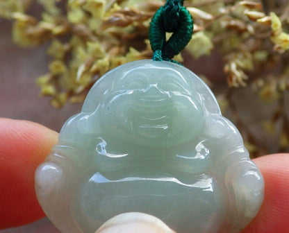 Certified Icy Green 100% Natural A Jade jadeite pendant Happy Buddha God Necklace 开心佛 524340  TN