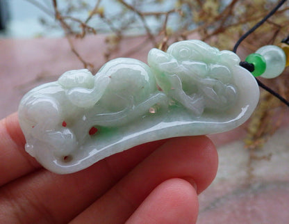 Certified Green  Burma 100% Natural A Jade jadeite Pendant Dragon Monkey Peach Necklace 龙钩 633193  TN