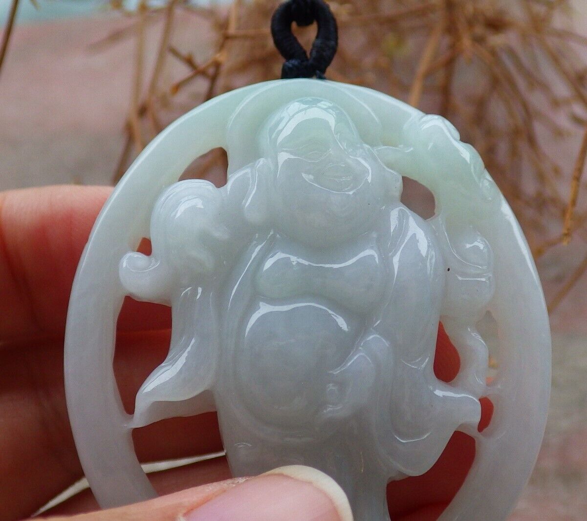 Certified Green 100% Natural A Jade jadeite pendant Happy Buddha God Ruyi Necklace 开心佛 520545  TN
