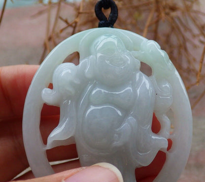 Certified Green 100% Natural A Jade jadeite pendant Happy Buddha God Ruyi Necklace 开心佛 520545  TN