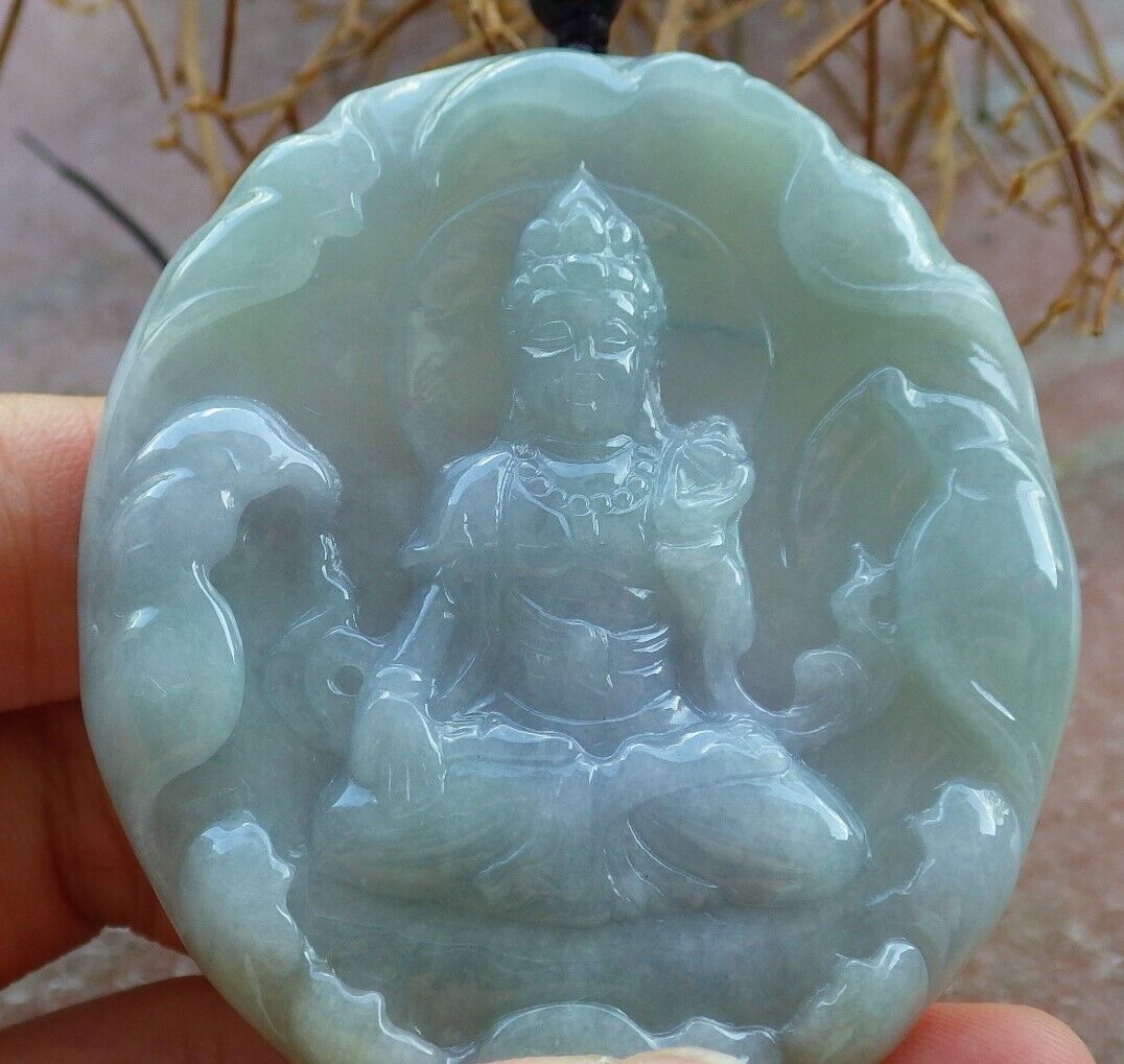 Certified Green Pale Lavender 100% Natural A Jade jadeite pendant Guanyin Kwan Yin Lotus Leaf Necklace 观音 523712  TN