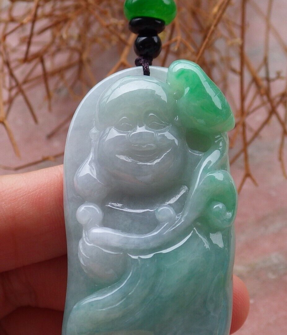 Certified Green 100% Natural A Jade jadeite pendant Happy Buddha God Necklace 开心佛 521299  TN