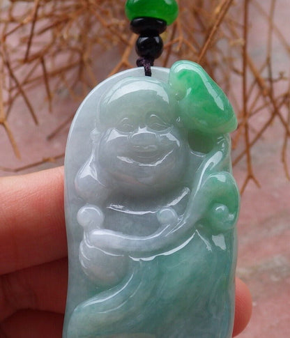 Certified Green 100% Natural A Jade jadeite pendant Happy Buddha God Necklace 开心佛 521299  TN