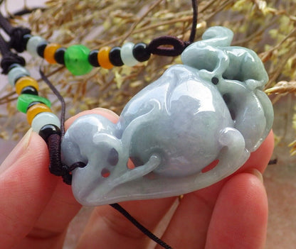 Certified Green Pale Lavender Burma 100% Natural A Jade jadeite Pendant Rabbit Coin Peach Necklace 兔子 575401 TN