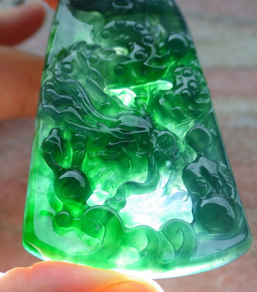 Certified Icy Green Burma 100% Natural A Jade jadeite Pendant Dragon Bead Necklace 生意兴隆 636507  TN