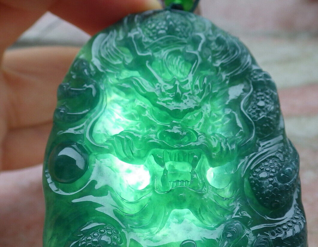 Certified Icy Green Burma 100% Natural A Jade jadeite Pendant Dragon Bead Necklace 生意兴隆 636328  TN