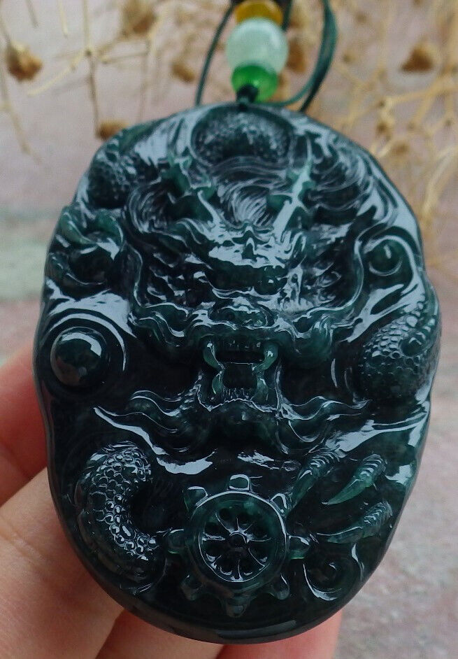 Certified Icy Blue Water Green Burma 100% Natural A Jade jadeite Pendant Dragon Bead Necklace 生意兴隆 636309  TN