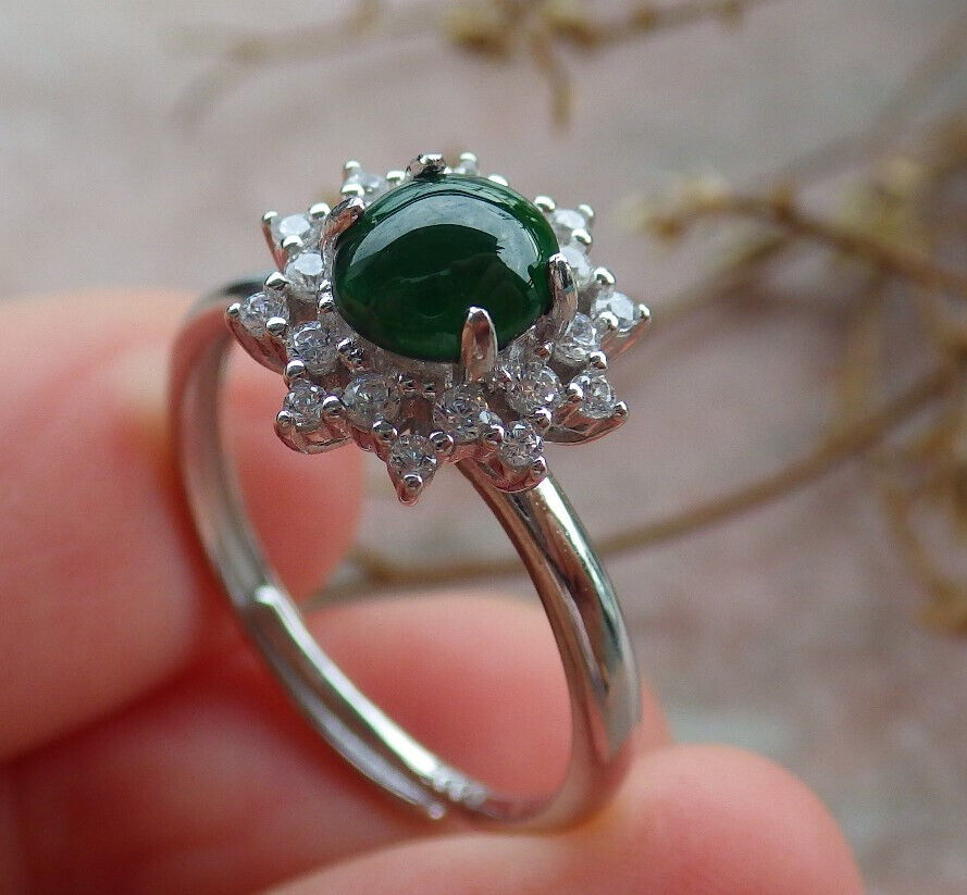 Certified Icy Green silver 0.925 Burma 100% Natural A JADE Jadeite Cabochon RING USA 7.75 戒指 635512  TN