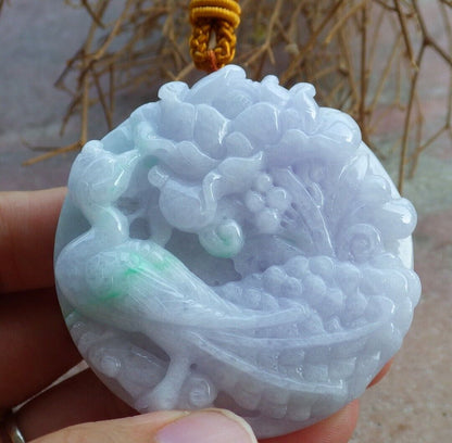 Certified Green Pale Lavender 100% Natural A Jade jadeite Pendant Phoenix Bird Flower Necklace 鸟语花香 521055  TN