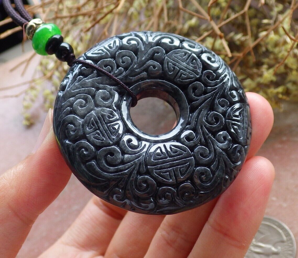 Certified Black 100% Natural A Jade jadeite pendant Longevity Lotus Flower Ruyi Circle Necklace 花平安扣 523920  TN