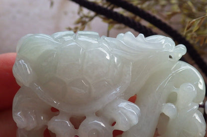 Certified Icy Green Pale Lavender Burma 100% Natural A Jade jadeite Pendant Dragon Turtle Ruyi Coin Necklace 龙龟 574488 TN