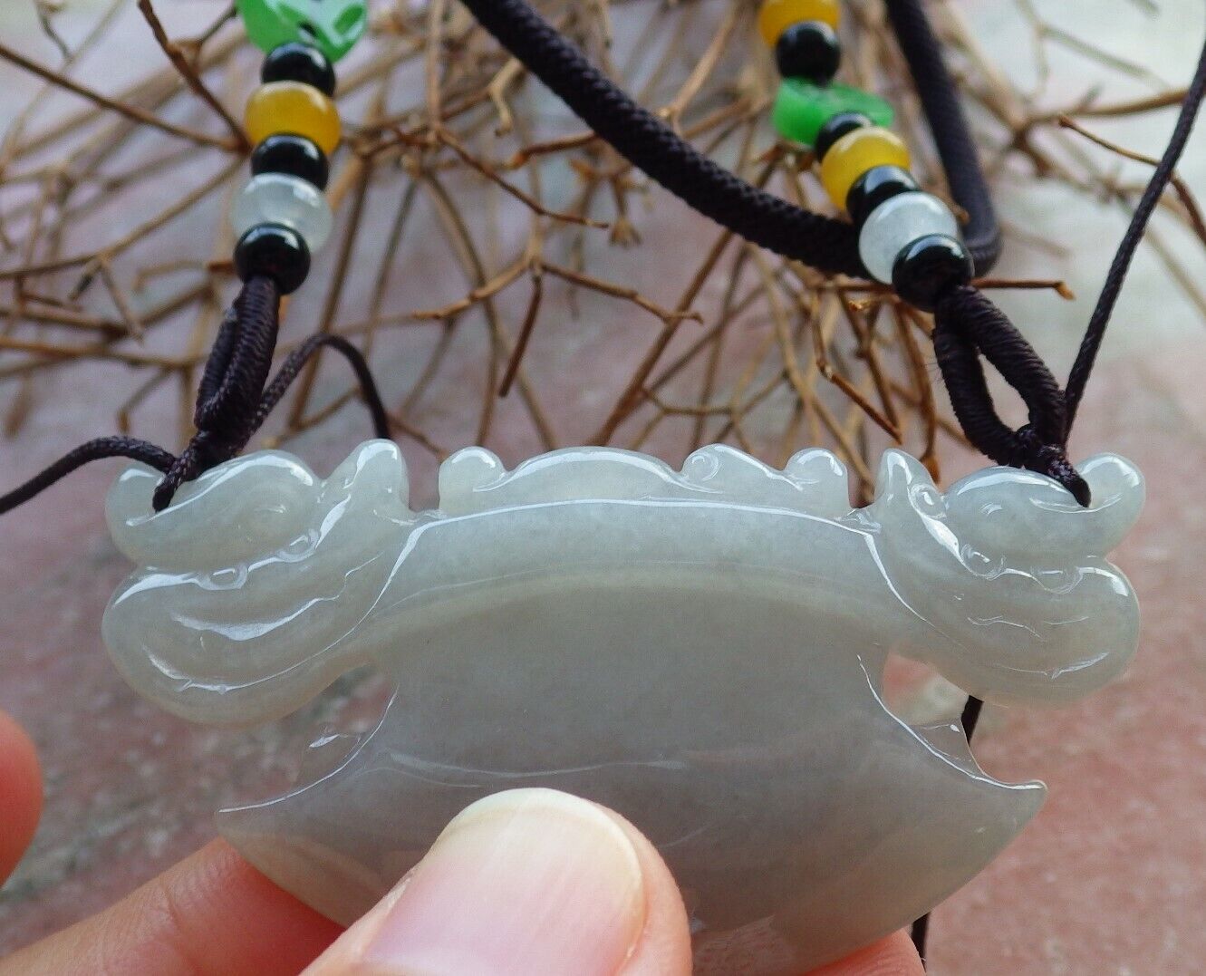 Certified Pale Lavender Green 100% Natural A Jade jadeite Pendant Dragon Axe Necklace 龙斧头 530047  TN