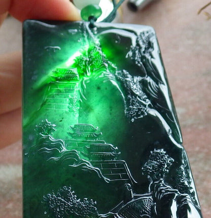 Atestita Glacia Blua Akvo Birmo 100% Natura A Jadejadeito Pendilo Pejzaĝa Pentrado Arba Koliero 山水画 634462 TN