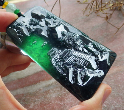 Atestita Glacia Blua Akvo Birmo 100% Natura A Jadejadeito Pendilo Pejzaĝa Pentrado Arba Koliero 山水画 634453 TN