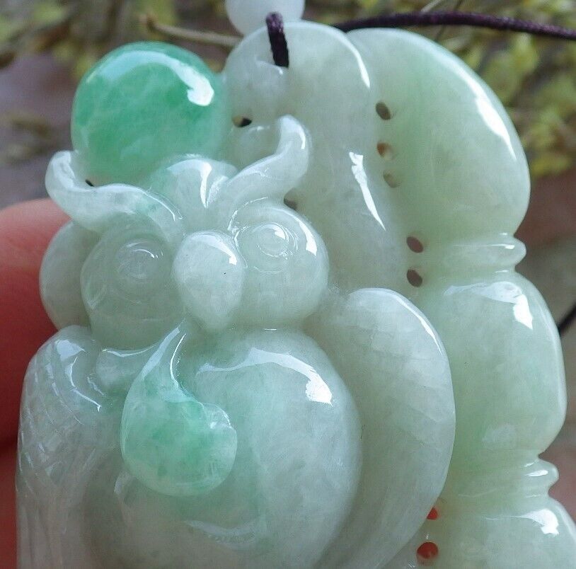 Certified Green Burma 100% Natural A Jade jadeite Pendant Owl Lotus Flower Necklace 猫头鹰 574260 TN